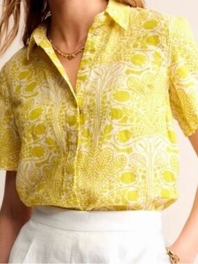 Boden 100% Linen Yellow Floral-Print Short-Sleeve Button-Down Shirt